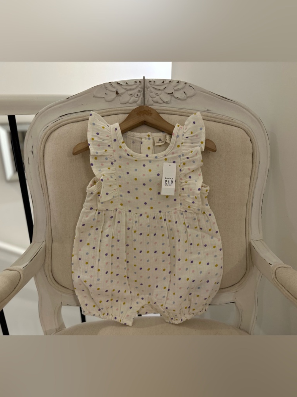 🤍 18~24 Mth GAP Cream Romper with Yellow and Purple Polka Dots 100% Cotton NWT